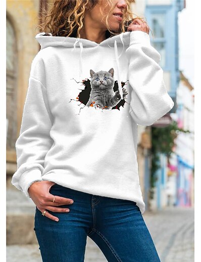 cheap Women&#039;s Tops-Women&#039;s Hoodie Pullover Cat Graphic 3D Daily Basic Casual Hoodies Sweatshirts  White