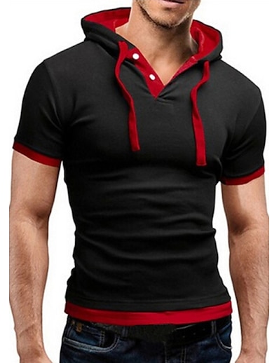 cheap Men&#039;s Tops-Men&#039;s T shirt Tee Hooded Daily Sports Short Sleeve Skinny Tops Basic Muscle Blue Black Black / Red Black / White / Summer