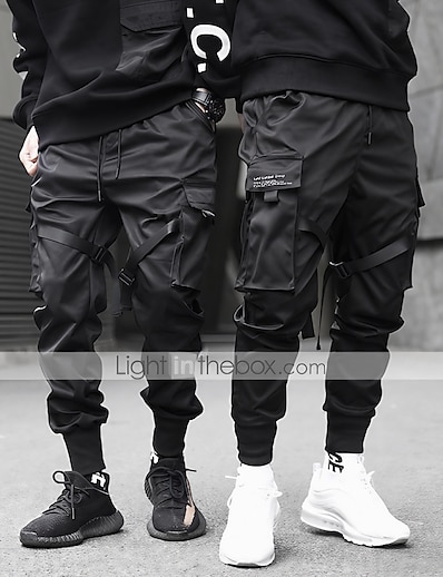 ieftine Bărbați-Bărbați Șic Stradă Panglică Design Elastic cu Cordon Jogger Pantaloni Cargo Pantaloni Sporturi &amp; Exterior Stradă Bumbac Culoare solidă Negru S M L XL XXL