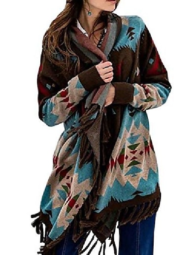 저렴한 스웨터 &amp; 가디건-여성용 가디건 기하학 태슬 프린트 세련 에스닉 스타일 캐쥬얼 긴 소매 보통 스웨터 가디건 가을 겨울 전면 오픈 푸른 루비 옐로우 / 홀리데이
