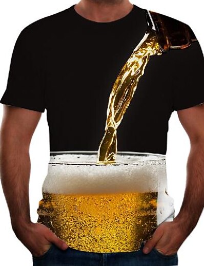 cheap Men&#039;s Tops-Men&#039;s Tee T shirt Tee Graphic 3D Beer 3D Print Round Neck Plus Size Going out Weekend Short Sleeve Tops Basic Comfortable Big and Tall Black Pink Gold