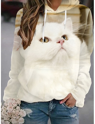 cheap Women&#039;s Tops-Women&#039;s Cat Graphic 3D Hoodie Pullover Front Pocket Print 3D Print Daily Basic Casual Hoodies Sweatshirts  White