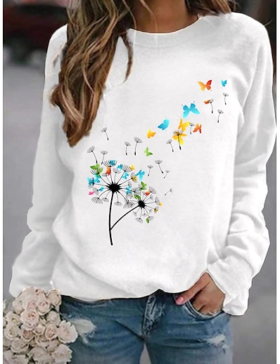 cheap Women&#039;s Tops-Women&#039;s Graphic Butterfly Dandelion Hoodie Sweatshirt Daily Basic Casual Hoodies Sweatshirts  White