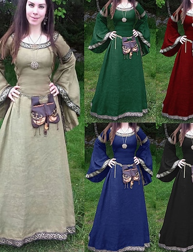 Χαμηλού Κόστους Στολές της παλιάς εποχής-Ξένος Κλασσικό &amp; Διαχρονικό Μεσαίωνα Κοκτέιλ Φόρεμα Vintage Φόρεμα Φόρεμα χορού Φθινόπωρο Ενηλίκων Γυναίκα Μείγμα Πολυεστέρα / Βαμβακιού Στολές Πράσινο του τριφυλλιού / Θαλασσί / Μαύρο Πεπαλαιωμένο