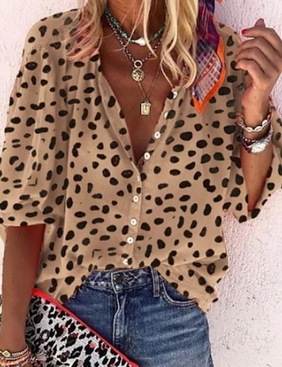 cheap Women&#039;s Tops-Women&#039;s Blouse Shirt Leopard Leopard Cheetah Print V Neck Print Elegant Tops Loose Khaki