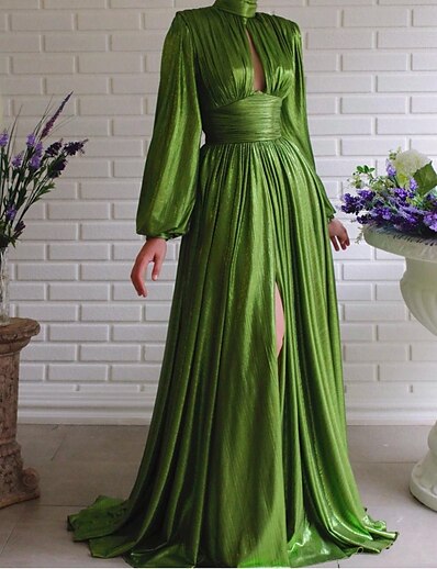 cheap Dresses-Women&#039;s Maxi long Dress Swing Dress Green Long Sleeve Split Hollow Out Ruched Pure Color Turtleneck Fall Spring Party Party Elegant Sexy Lantern Sleeve 2022 S M L XL XXL