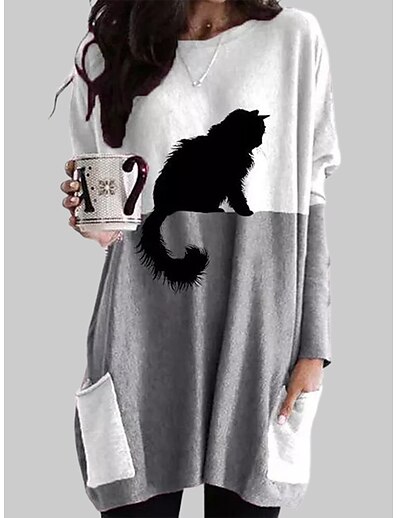 cheap Women&#039;s Tops-Women&#039;s T shirt Dress Cat Graphic Prints Long Sleeve Pocket Patchwork Round Neck Tops Basic Basic Top Gray