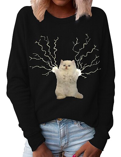 cheap Women&#039;s Tops-Women&#039;s Cat Graphic 3D Pullover Sweatshirt Daily Basic Casual Hoodies Sweatshirts  Black