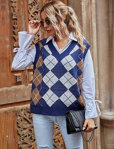 cheap Sweaters &amp; Cardigans-Women&#039;s Vest Argyle Knitted Cotton Basic Long Sleeve Sleeveless Sweater Cardigans Fall Winter V Neck Royal Blue