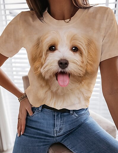 cheap Women&#039;s Tops-Women&#039;s 3D Printed T shirt Dog Graphic 3D Print Round Neck Basic Tops Beige