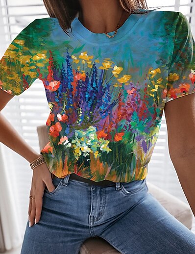 cheap Women&#039;s Tops-Women&#039;s T shirt Floral Theme Painting Floral Graphic Round Neck Print Basic Vintage Tops Green Blue Yellow / 3D Print
