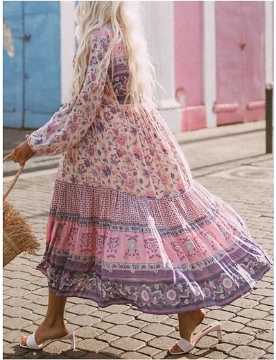 cheap Dresses-Women&#039;s Maxi long Dress Swing Dress Pink Long Sleeve Print Floral V Neck Spring Summer Casual Vacation Boho Puff Sleeve 2022 S M L XL XXL