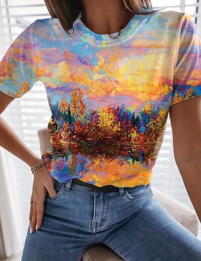 cheap Best Selling Tops-Women&#039;s Casual Weekend T shirt Tee Floral Abstract 3D Printed Short Sleeve Floral Graphic Round Neck Print Hawaiian Beach Tops Blue Gray Orange S