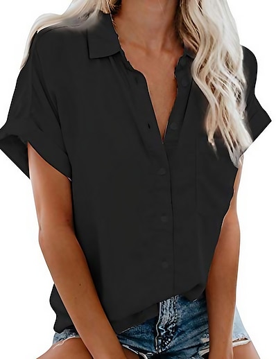 저렴한 2022년 트렌드-여성용 블라우스 셔츠 플레인 V 넥 셔츠 카라 주머니 단추 베이직 캐쥬얼 탑스 핑크 화이트 블랙