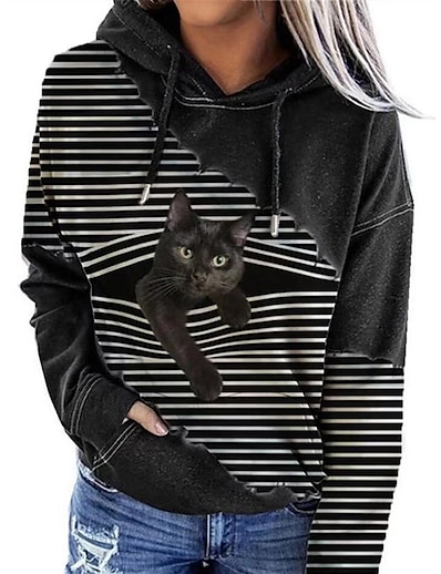 cheap Women&#039;s Tops-Women&#039;s Cat Graphic 3D Pullover Hoodie Sweatshirt Front Pocket Print 3D Print Daily Basic Casual Hoodies Sweatshirts  Black