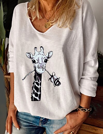 cheap Women&#039;s Tops-Women&#039;s T shirt Floral Theme Painting Floral Giraffe Animal V Neck Print Basic Tops Blue White Gray