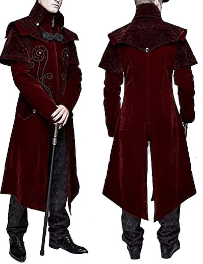 cheap Historical &amp; Vintage Costumes-Vampire Plague Doctor Gothic Vintage Medieval Steampunk Coat Masquerade Outerwear Men&#039;s Costume Burgundy Vintage Cosplay Party Halloween