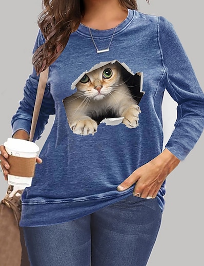 cheap Plus size-Women&#039;s Plus Size Tops Pullover Sweatshirt Cat Graphic Long Sleeve Print Hoodie Round Neck Cotton Blend Daily Weekend Spring, Fall, Winter, Summer