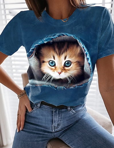 hesapli Kadın Üstleri-Kadın&#039;s Günlük Hafta sonu T gömlek 3D Kedi Kısa Kollu Kedi Grafik 3D Yuvarlak Yaka Desen Temel Üstler Siyah Havuz Açık Mavi S / 3D Baskı