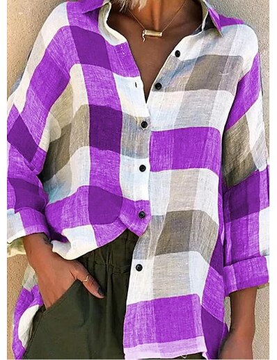 cheap Women&#039;s Tops-Women&#039;s Blouse Shirt Pattern Plaid Check Shirt Collar Patchwork Print Basic Tops Loose Green Blue Gray