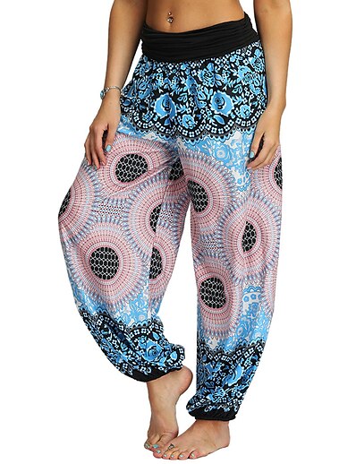 cheap Women&#039;s Bottoms-Women&#039;s Basic Harem Pants Print Mid Waist Blue Black S M L XL