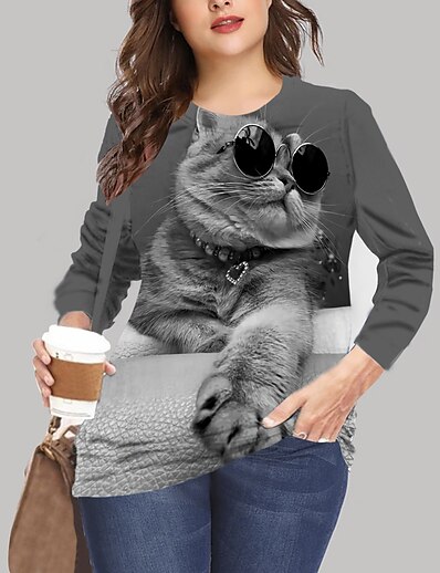 cheap Plus size-Women&#039;s Plus Size Tops T shirt Cat Graphic Long Sleeve Print Hoodie Crewneck Microfiber Daily Holiday Black Gray