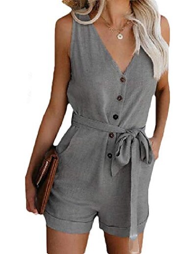 cheap Jumpsuits &amp; Rompers-Women&#039;s Romper Solid Color Casual V Neck Daily Sleeveless Regular Fit Light Blue Wine Blue S M L Summer / Plus Size