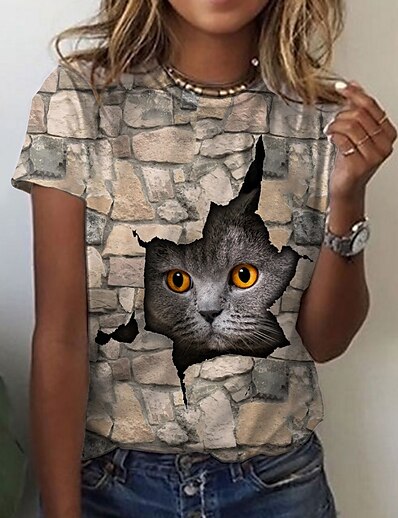 cheap Women&#039;s Tops-Women&#039;s Daily Weekend T shirt Tee 3D Cat Short Sleeve Cat Graphic 3D Round Neck Print Basic Tops Blue Gray Pink S / 3D Print