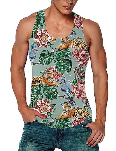 cheap Men&#039;s Tops-Men&#039;s Tank Top Vest Undershirt Floral 3D Print Crew Neck Daily Holiday Sleeveless 3D Print Print Tops Casual Beach Green / Summer