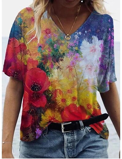 cheap Women&#039;s Tops-Women&#039;s T shirt Floral V Neck Print Boho Tops Red / 3D Print