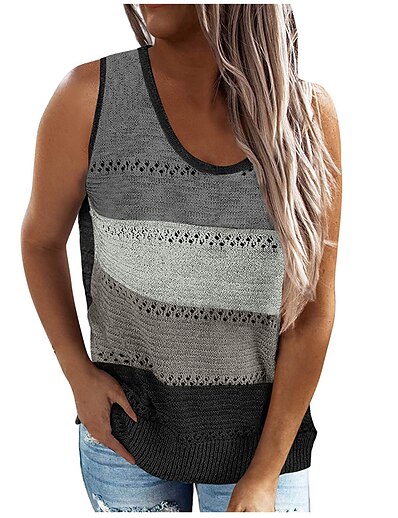 cheap Sweaters &amp; Cardigans-Women&#039;s Vest Striped Print Stylish Basic Soft Sleeveless Sweater Cardigans Spring Summer Crew Neck / Regular Fit / Going out