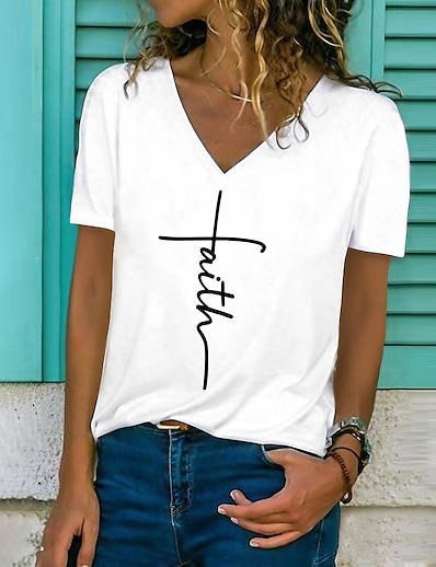 cheap Women&#039;s Tops-Women&#039;s T shirt Faith Graphic Text Letter V Neck Print Basic Vintage Tops White / 3D Print