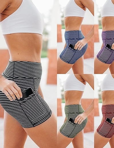 cheap Exercise, Fitness &amp; Yoga-Women&#039;s Yoga Shorts High Waist Shorts Side Pockets Stripes Tummy Control Butt Lift Quick Dry Green Black Purple Yoga Fitness Gym Workout Summer Sports Activewear Skinny Stretchy / Athletic