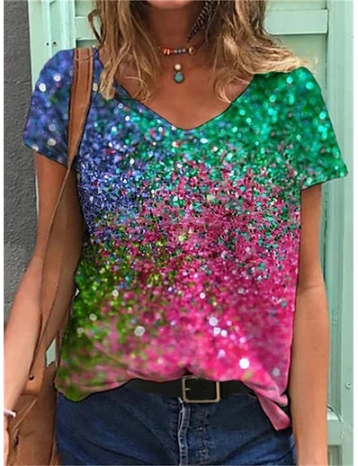 cheap Women&#039;s Tops-Women&#039;s Daily T shirt Tee Short Sleeve Floral Graphic V Neck Print Basic Tops Loose Purple Rainbow Light Blue S / 3D Print