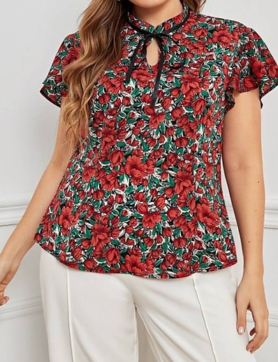 cheap Plus size-Women&#039;s Plus Size Tops Shirt Floral Short Sleeve Print Vintage Standing Collar Chiffon Daily Red