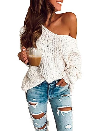 cheap Women&#039;s Tops-Women&#039;s Pullover Sweater Jumper Solid Color Knitted Stylish Basic Casual Long Sleeve Sweater Cardigans Fall Winter Spring V Neck White / Loose