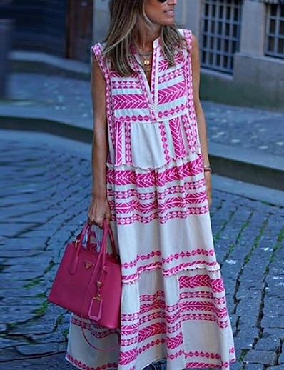 olcso Női ruhák-Női Swing ruha Maxi hosszú ruha Arcpír rózsaszín Ujjatlan Csíkos Mértani Kollázs Nyomtatott Tavasz Nyár V-alakú Alkalmi Boho 2021 S M L XL XXL 3XL