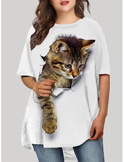 cheap Plus size-Women&#039;s Plus Size Cat T Shirt Dress Tee Dress Print Round Neck Half Sleeve Casual Fall Spring Daily Holiday Short Mini Dress Dress / Summer / Graphic Patterned
