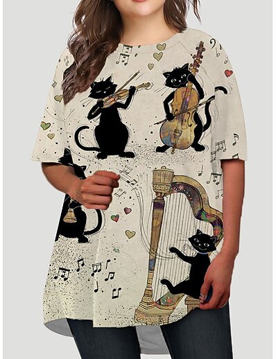 cheap Plus size-Women&#039;s Plus Size Cat T Shirt Dress Tee Dress Print Round Neck Half Sleeve Casual Fall Spring Daily Holiday Short Mini Dress Dress