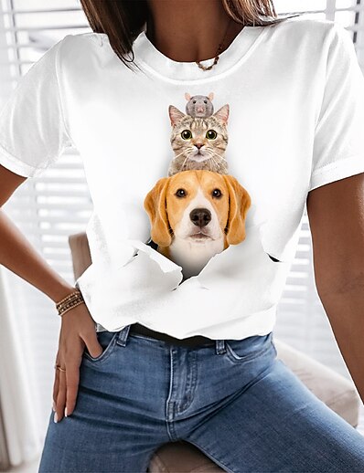 cheap Women&#039;s Tops-Women&#039;s T shirt 3D Cat Cat Dog 3D Round Neck Print Basic Tops White