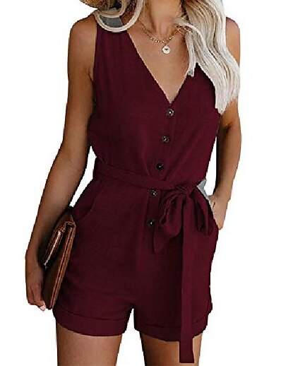 cheap Jumpsuits &amp; Rompers-Women&#039;s Romper Solid Color Casual Casual Daily Sleeveless Standard Fit Wine Red Blue White S M L Summer