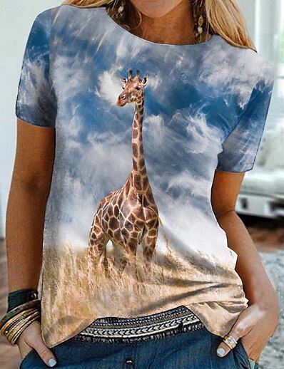 cheap Women&#039;s Tops-Women&#039;s 3D Printed Painting T shirt Graphic 3D Giraffe Print Round Neck Basic Tops Blue