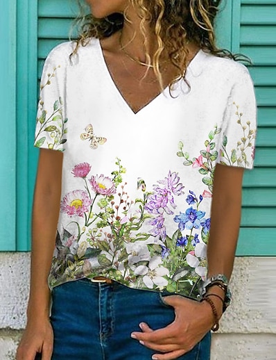 cheap Women&#039;s Tops-Women&#039;s Daily Weekend T shirt Tee Floral Painting Short Sleeve Floral Graphic V Neck Print Basic Tops White S / 3D Print