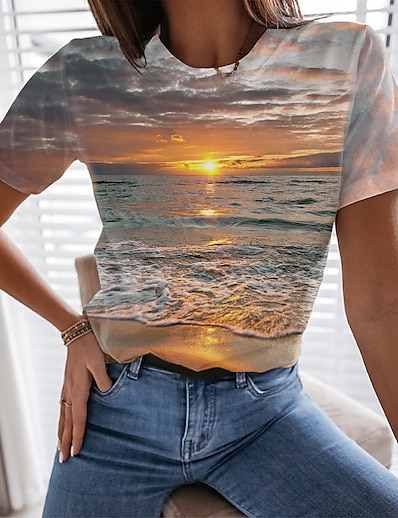 preiswerte Damen-Oberteile-Damen Festtage 3D Farbe T-Shirt Grafik Landschaft 3D Druck Rundhalsausschnitt Grundlegend Strand Design Oberteile Gelb Grün Grau
