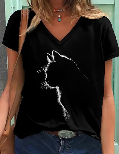 cheap Women&#039;s Tops-Women&#039;s Daily Weekend T shirt Tee 3D Cat Short Sleeve Cat Graphic V Neck Print Basic Tops Black S / 3D Print