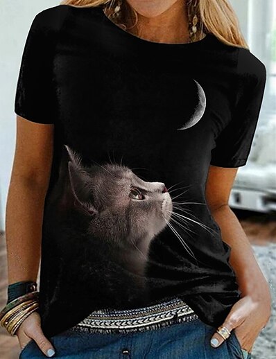 cheap Women&#039;s Tops-Women&#039;s T shirt 3D Cat Galaxy Cat Graphic Round Neck Print Basic Tops Black / 3D Print