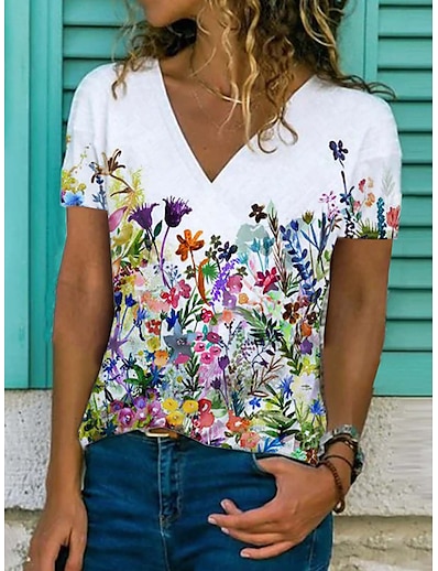 cheap Women&#039;s Tops-Women&#039;s T shirt Floral Theme Floral Graphic Flower V Neck Print Basic Tops Blue White Black / 3D Print