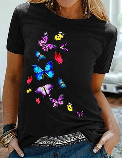 cheap Women&#039;s Tops-Women&#039;s T shirt Butterfly Graphic Butterfly Round Neck Print Basic Tops 100% Cotton Black