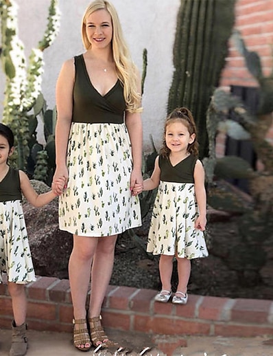 cheap Family Matching Outfits-Mommy and Me Dress Graphic Print White Knee-length Sleeveless Matching Outfits / Summer