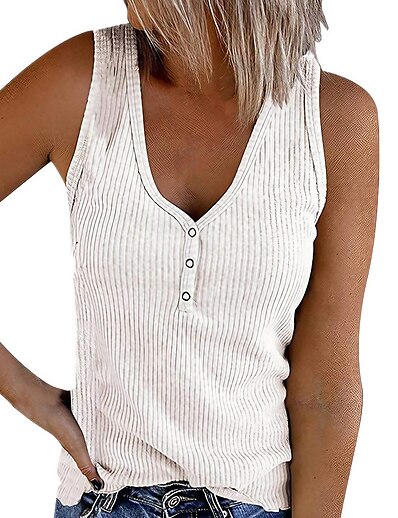 cheap Women&#039;s Tops-Women&#039;s Casual Daily Holiday Tank Top Vest Henley Shirt Sleeveless Plain V Neck Button Basic Streetwear Beach Tops Green White Black S